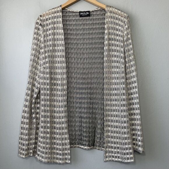 Onyx Nite Womens Size 14 Mesh Silvery Gold Metallic Cardigan Eveningwear Glam - Picture 1 of 7